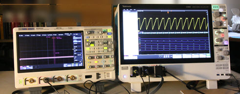 A siglent SDS5034X next to a Tektronix MSO5