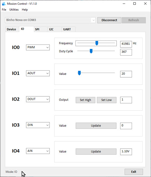 Binho Mission Control IO page